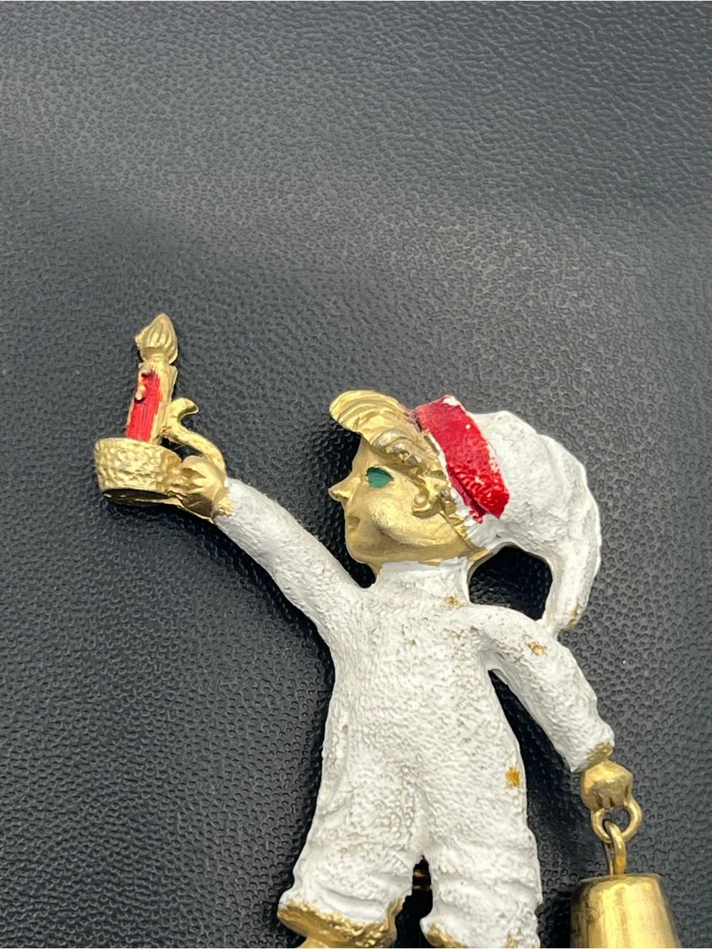 Christmas figural child carrying candle & bell enamel gold tone brooch pin